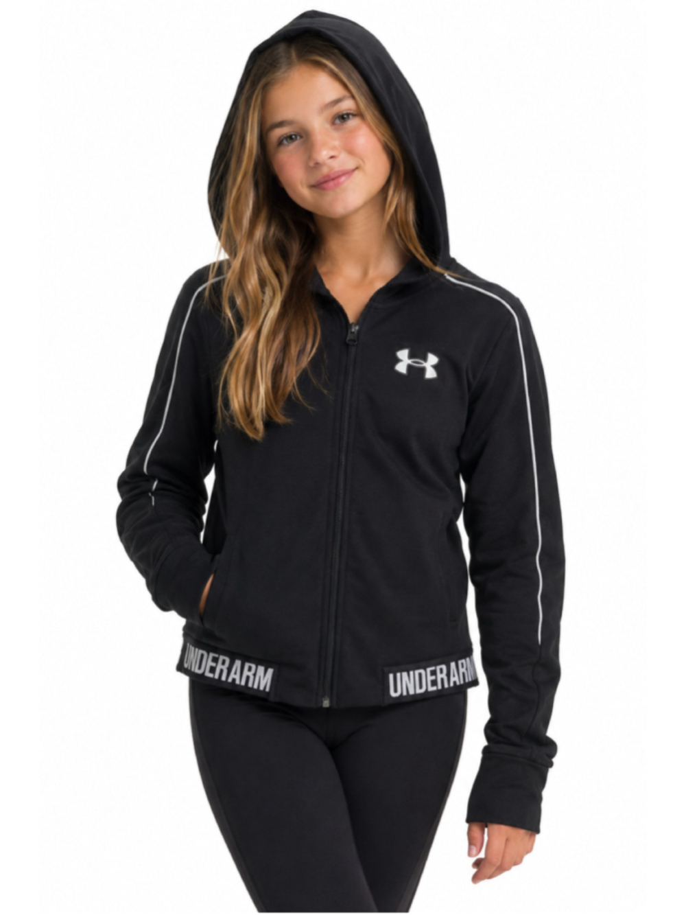 Girls Under Armour Zip-Up Hoodie Sweatshirt Black White Youth Size Small - 880